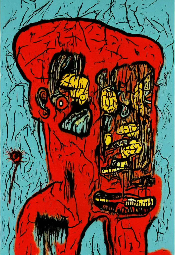 Prompt: the devil eating a peanut in the shower in the style of jean michel basquiat, beksisnski, and pablo picasso