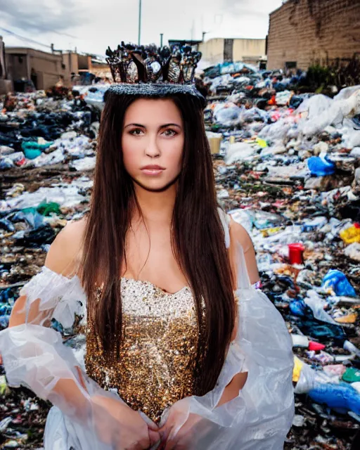 Prompt: a beautiful photo of a Young female with long hair and reflective eyes, Queen of trash wearing a gown made of plastic bags and trash, surrounded by trash all around and in the background, top cinematic lighting , very detailed, shot in canon 50mm f/1.2