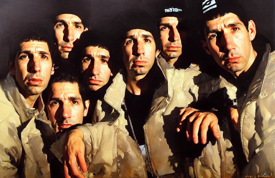 Image similar to portrait of the beastie boys!!!!!!!!!!!!!!!!!!!!!!!!!!!, detailed face, detailed painting,, epic lighting, by ilya repin, phil hale and kent williams