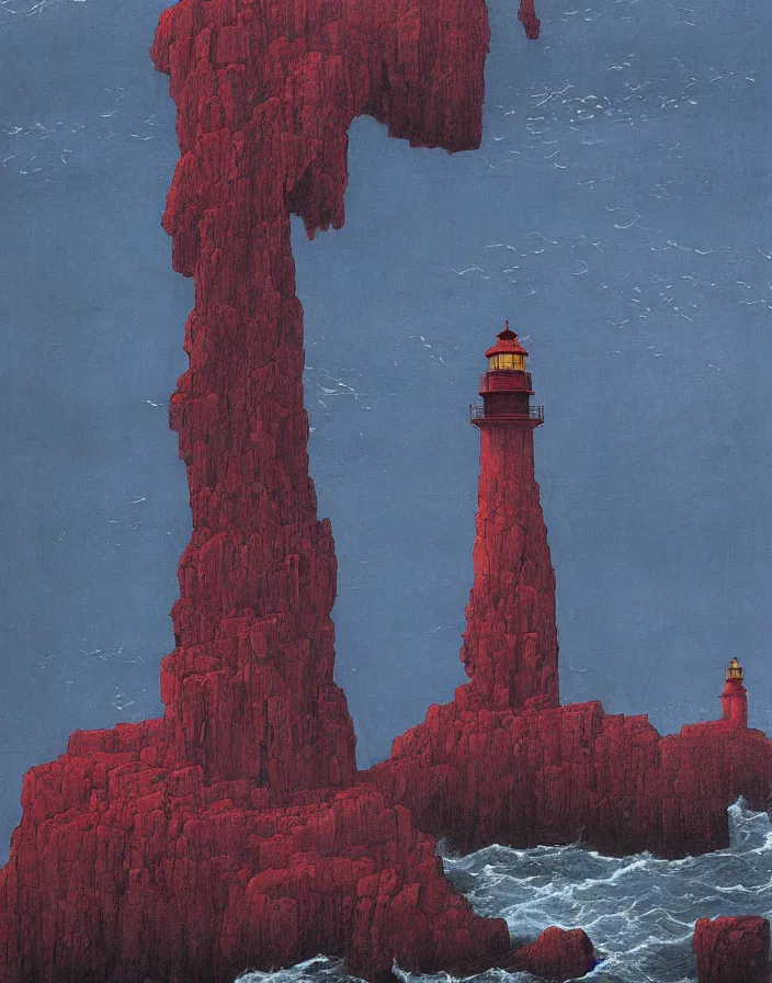 Prompt: worshippers in red robes belonging to the cult of the lighthouse clambering out of the water onto the rocky shore at the base of the light house, base of the light house, high detailed beksinski painting, part by adrian ghenie and gerhard richter. art by takato yamamoto. masterpiece, deep colours, blue