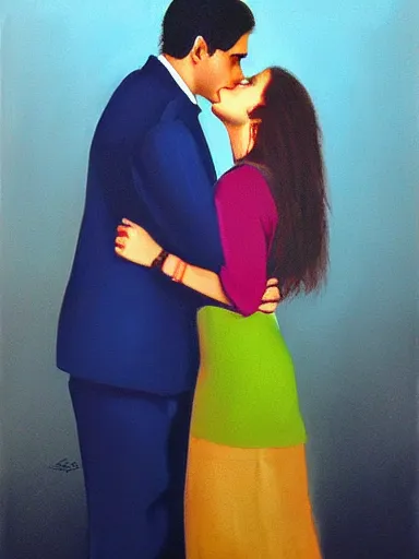 Image similar to a guy and a girl kissing, artwork by salman toor, cinematic light, atmospheric effects, oil on canvas