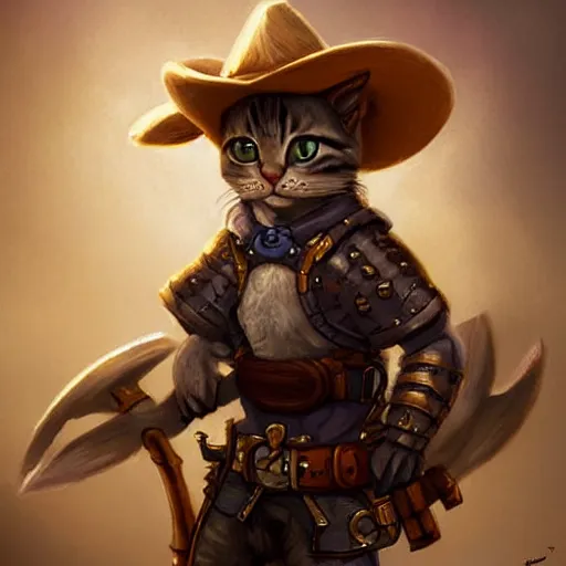 Image similar to cute little cat cowboy, tiny, small, miniature animal, baby animal, short, pale black armor, cute and adorable, pretty, beautiful, dnd character art portrait, matte fantasy painting, deviantart artstation, by jason felix by steve argyle by tyler jacobson by peter mohrbacher, cinematic lighting