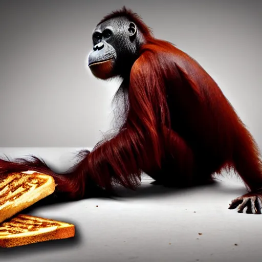 Image similar to an orangutan burnt onto a piece of toast, 4 k, hyper realistic, dslr, high resolution, landscape, beautiful