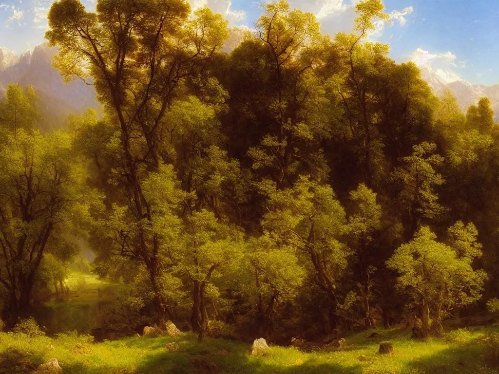 Prompt: A Beautiful View of a Springtime Meadow in the Sierra Nevada Mountains in the Morning, art by Albert Bierstadt and Thomas Moran