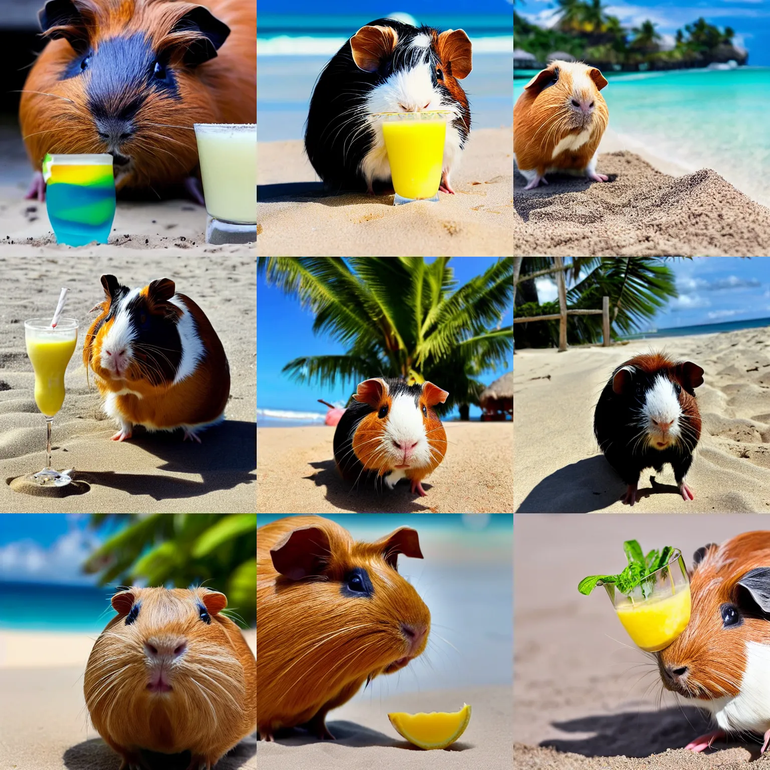 Prompt: a guinea pig sipping a pina colada on the beach