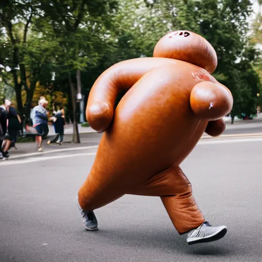 Image similar to An elderly man running from a giant humanoid sausage, Canon EOS R3, f/1.4, ISO 200, 1/160s, 8K, RAW, unedited, symmetrical balance, in-frame