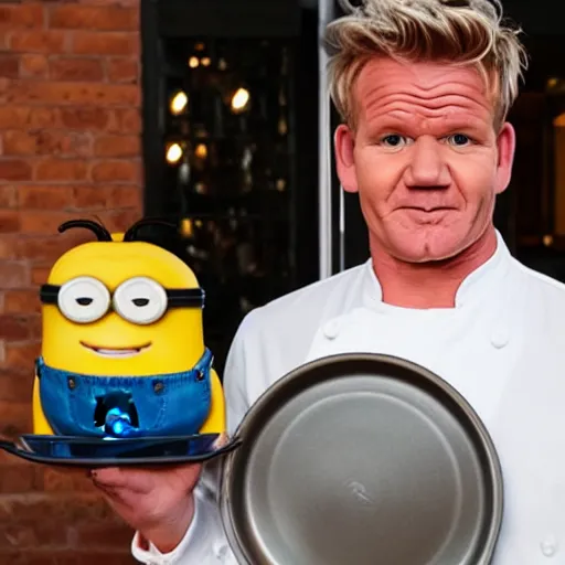 Prompt: Gordon Ramsay holding a pan with minions, highly detailed