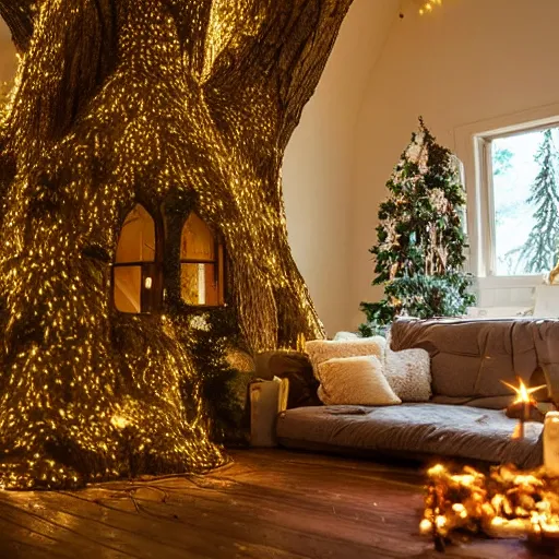 Image similar to cozy house inside a giant tree with fairy lights