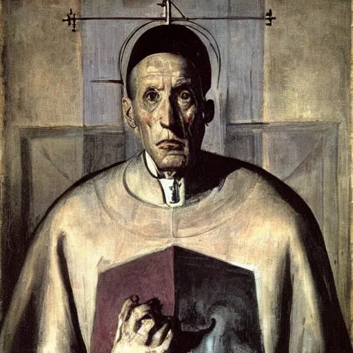 Prompt: Misterious portrait of Pope Innocent X in a cage in penumbra by Velasquez painting by Pablo Picasso and Chaïm Soutine and Alberto Giacometti and Francisco Goya, black and purple
