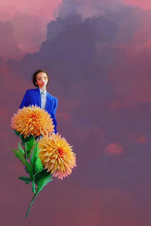 Image similar to closeup giant dahlia flower head, girl in a suit, surreal photography, blue sky, sunrise, dramatic light, impressionist painting, digital painting, artstation, simon stalenhag