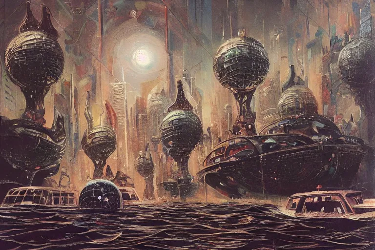 Image similar to river boats speeding between spherical tree houses on flooded streets of new york painting by ( ( ( ( ( h. r. giger ) ) ) ) ) and paul lehr