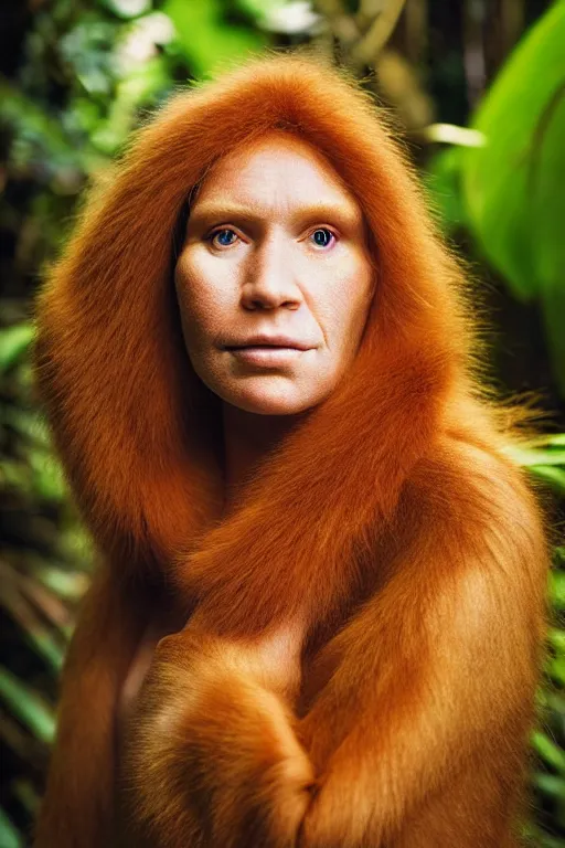 Image similar to a professional portrait photo of a neanderthal woman in the tropical jungles, ginger hair and fur, extremely high fidelity, natural lighting, national geographic magazine cover.