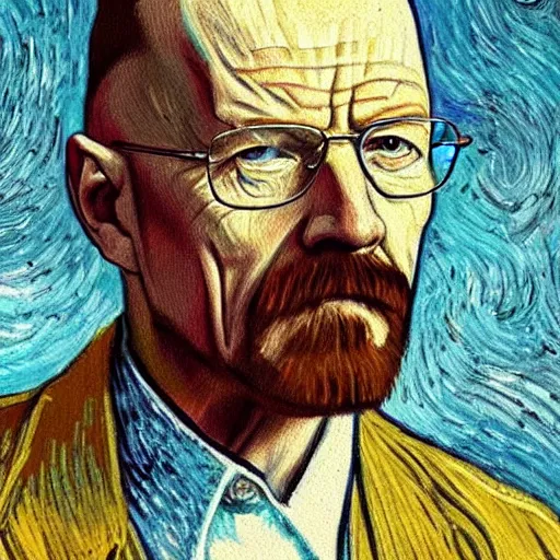 Prompt: A portrait painting of Walter White looking at the camera, in the style of Van Gogh,