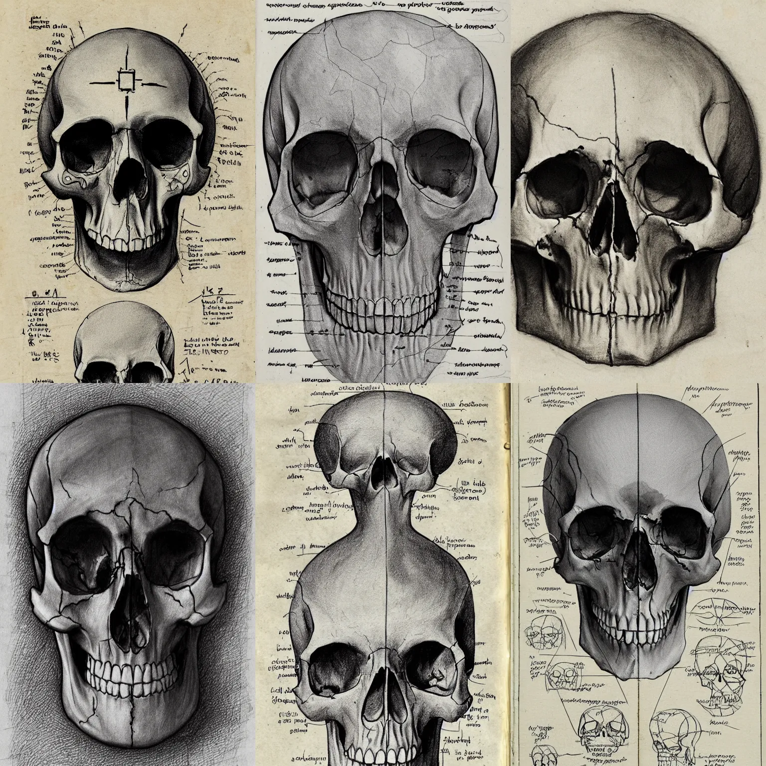 Prompt: The skull and cross-section of an advanced alien species, field journal, sketch, marginalia, notes, measurements