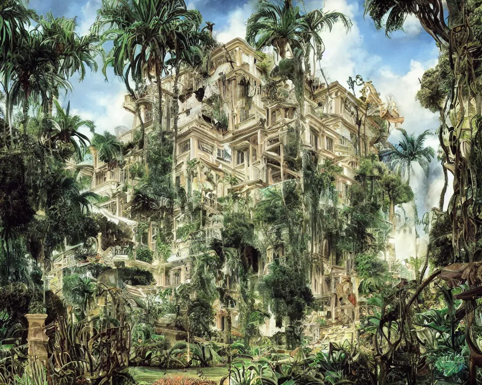 Prompt: repeating colonial mansions, overgrown with tropical foligage, by Salvador Dali and Greg Rutkowski and Giovanni Paolo Panini.