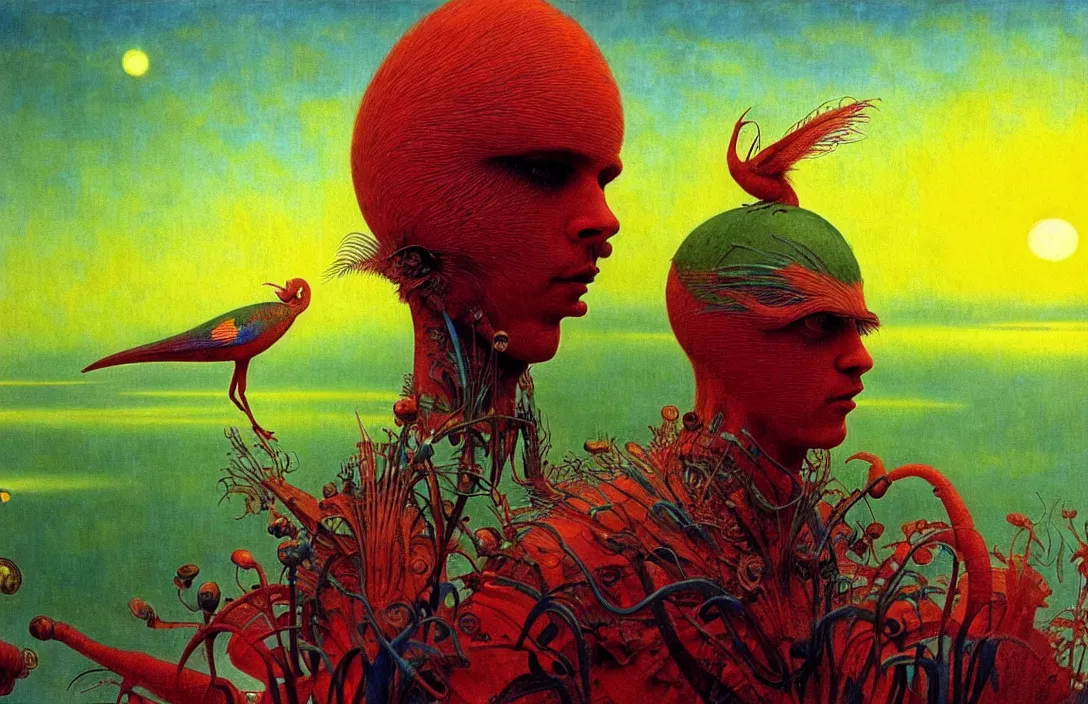 Image similar to realistic detailed portrait movie shot of a birdman wearing green ragged robes, sci fi city sunset landscape background by denis villeneuve, amano, yves tanguy, alphonse mucha, ernst haeckel, max ernst, roger dean, masterpiece, rich ethereal colours, feathers, creepy, occult, blue eyes