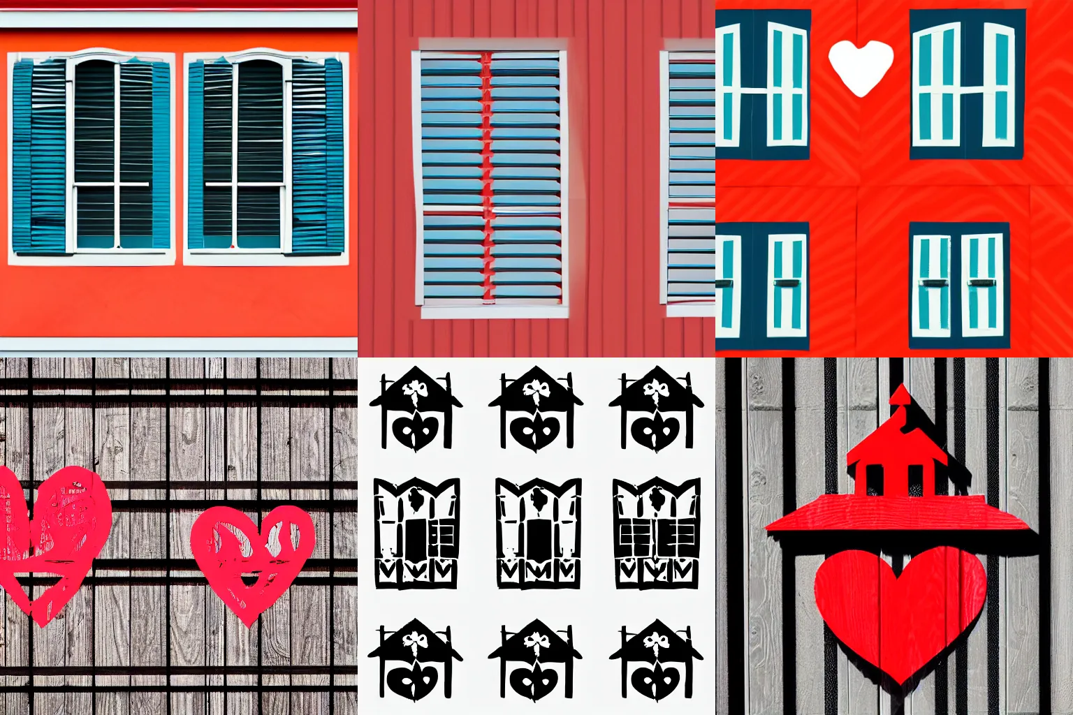 Prompt: three-color stencil drawing of a swiss chalet, simple shapes, hearts on window shutters, dating app logo