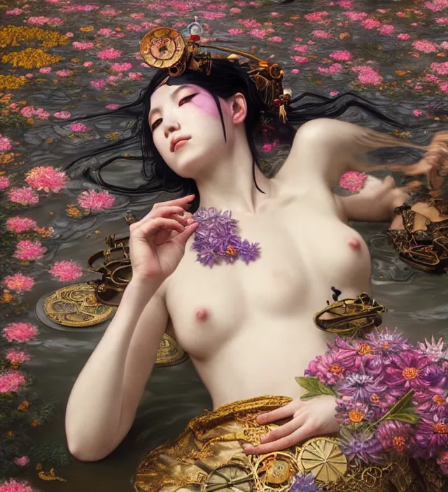 Image similar to baroque portrait of one steampunk bohemian geisha woman of porceline skin lying down in a river made of thousand of flowers, cinematic lighting, photorealistic, octane render, 8 k, depth of field, art by artgerm and greg rutkowski and alphonse mucha and uang guangjian