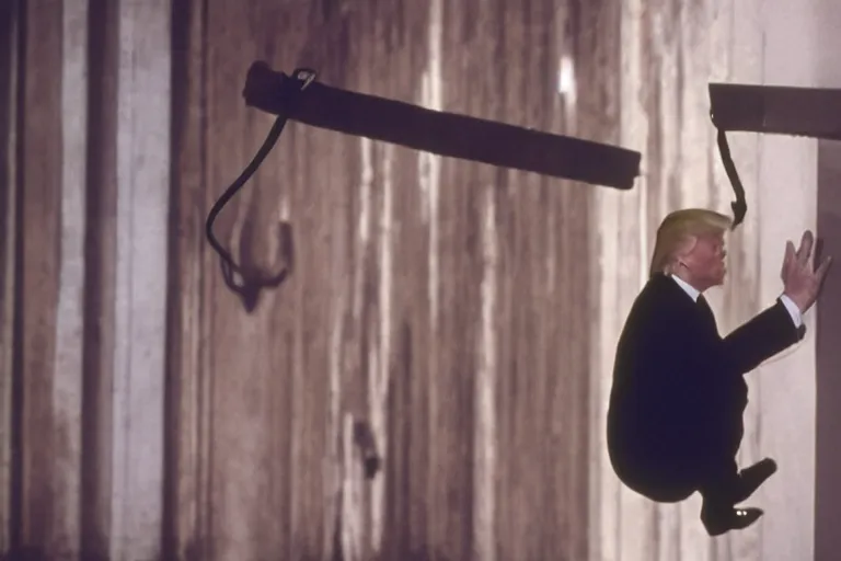 Image similar to movie still of donald trump in mission impossible hanging from a cable, cinematic, high detail, studio lighting