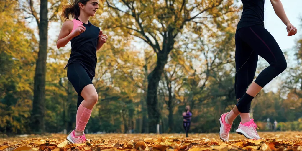 Image similar to A closeup of Emma Watson going for a run in a park during fall, wearing a tight athletic top. Golden Hour Lighting. 4K HD Wallpaper. Premium Prints Available