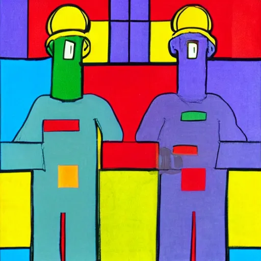 Image similar to an expressive abstract portrait of mario and luigi in the style of johannes itten