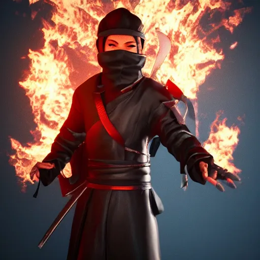 Image similar to a ninja with a sword in a fire background, 3 d render octane, trending on artstation