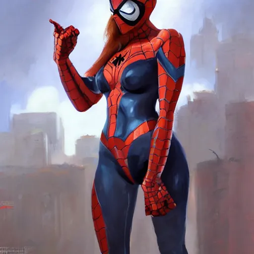 Image similar to greg manchess portrait painting of partially armored female iron spiderman as overwatch character, medium shot, asymmetrical, profile picture, organic painting, sunny day, matte painting, bold shapes, hard edges, street art, trending on artstation, by huang guangjian, gil elvgren, ruan jia, greg rutkowski, gaston bussiere