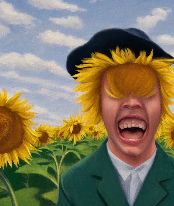 Prompt: a closeup portrait of a man in a blonde bob wig with blonde bangs, standing in beautiful sunflower field, screaming and sad, highly detailed, aesthetic clouds in the sky, in the style of edward hopper, very fine brush strokes, 4 k,