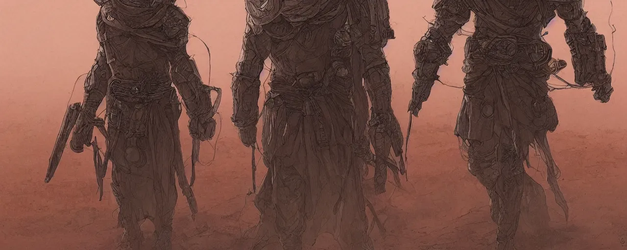 Image similar to lone wandering male figure in heavy robes and desert survival gear, artstyle of Moebius, style of Philippe Druillet, style of Rodan, brutalist style overall aesthetic, warm colors, trending on Artstation