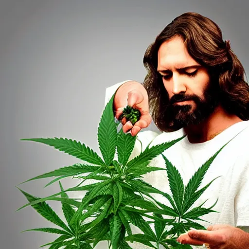 Prompt: photo of jesus turning a handful grass into marijuana