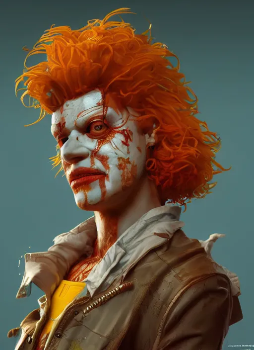 Image similar to biopunk portrait of ronald mcdonald, au naturel, hyper detailed, digital art, trending in artstation, cinematic lighting, studio quality, smooth render, unreal engine 5 rendered, octane rendered, art style by klimt and nixeu and ian sprigger and wlop and krenz cushart.