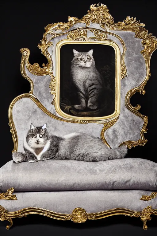 Prompt: a silver gelatin photo portrait of a magnificent fluffy fat royal cat on an embroidered velvet cushion on a neo - rococo gilded little bed, by david lachapelle, photorealistic, photography, wide shot