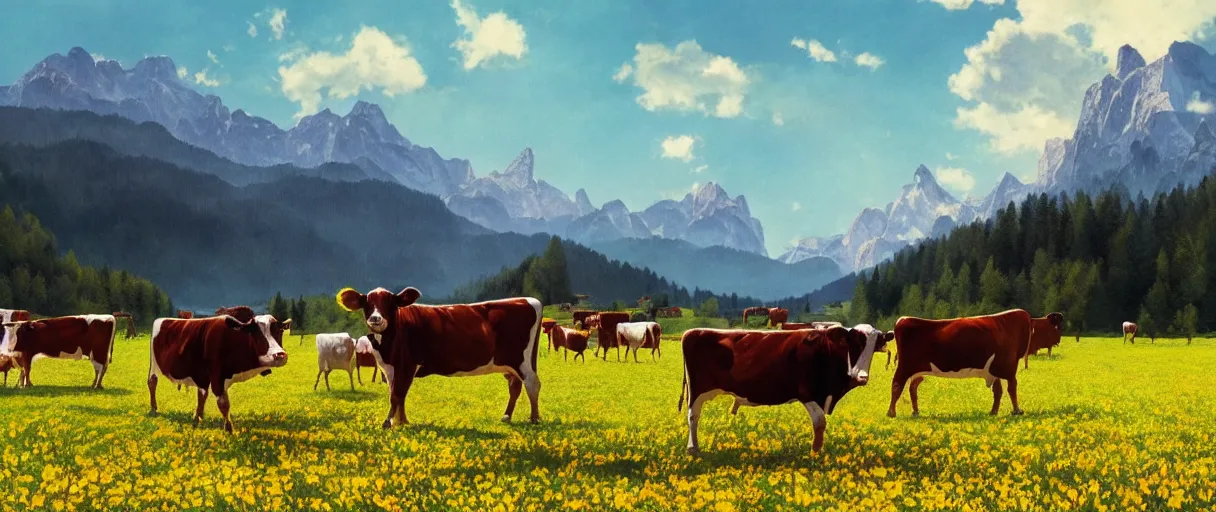 Image similar to a ultra photorealistic and sharp film still of an a sunny and colourful open field in 1 9 0 0 in the middle of the bavarian alps, germany. cows. wide shot, wes anderson, studio ghibli, pixar and disney animation, octane render, anime key art by greg rutkowski, dramatic lighting, award winning photography