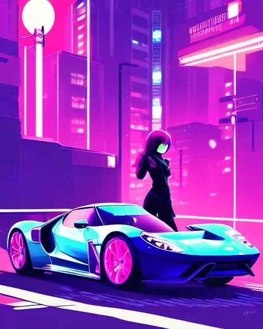 Image similar to digital illustration of cyberpunk pretty girl with pink hair, standing by a blue ford gt in a street at night, under streetlights, by makoto shinkai, ilya kuvshinov, lois van baarle, rossdraws, basquiat