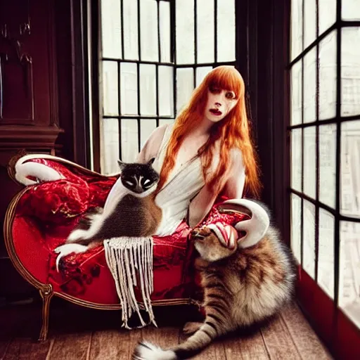 Prompt: a stunning hyper-detailed photo of a slender beautiful woman with straight long ginger hair and bangs, wearing a luxurious silk robe, wearing headphones and posing with her large ginger tabby cat and raccoon and parrots in a red overstuffed easy chair in her Victorian living room, holding a porcelain parrot-shaped coffee mug and a donut, perfect eyes, fashion photography, dramatic cinematic lighting, octane render, IBEX Masters, unreal engine, 85 mm lens, paisley wallpaper