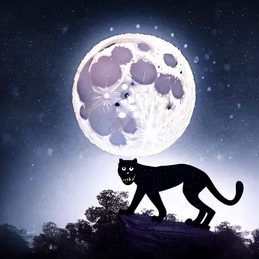 Image similar to a panther roaring at the moon in a forest during the night, large moon in the center. high quality. artistic. illustration. 4 k. cinematic. photoreal. highly detailed. dramatic. dark colors. night.