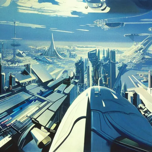 Image similar to aerial view of a science-fiction cityscape, cinematic angle, cinematic lighting, blue sky, sun in the sky, by Syd Mead, John Harris, Federico Pelat