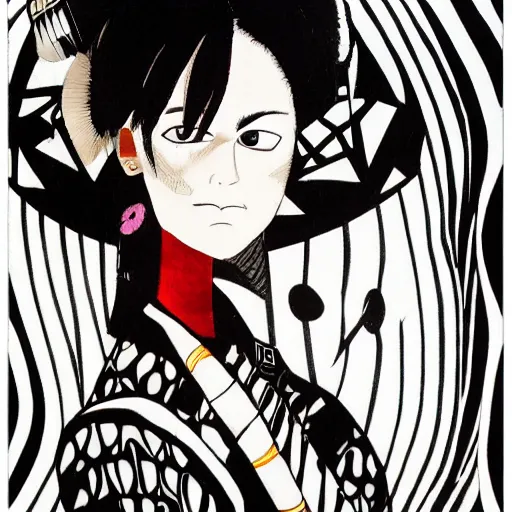 Prompt: Yoshitaka Amano style portrait of an mexican mariachi girl with short white hair and eyepatch wearing suit with patterns, abstract black and white background, film grain effect, highly detailed, oil painting