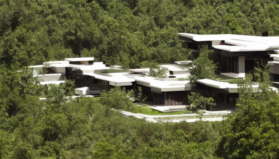 Image similar to villa inspired by tibetan architecture, on a green hill, overlooking a valley with trees, frank lloyd wright, zaha hadid, le corbeusier, photorealistic, birds eye view