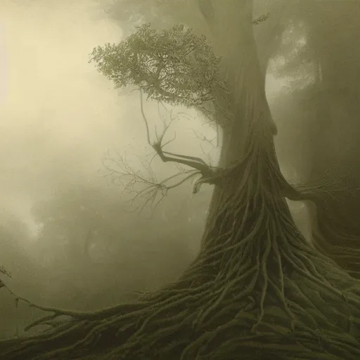 Image similar to highly detailed portrait of kermit the frog ((kermit the frog)) near a giant fallen sequoia tree. Fog. Painting by Caspar David Friedrich,Caravaggio, 4k, sepia tone