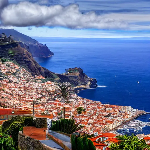 Image similar to madeira island, funchal, the bay, very very wide shot, realism, cinematic shot