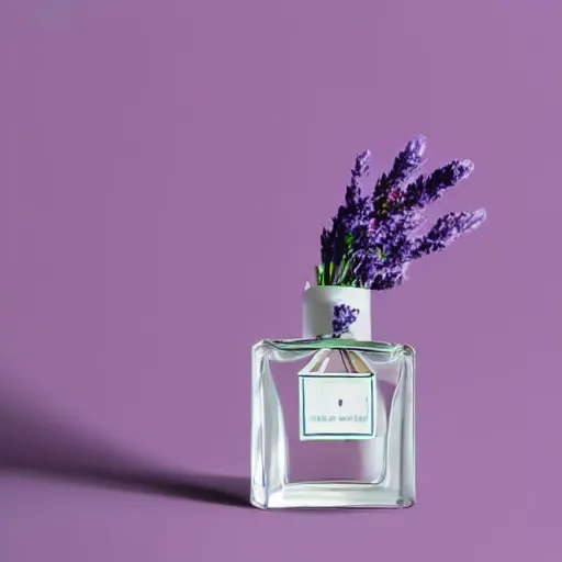 Prompt: cool blue perfume bottle surrounded by a plethora of sparse cool blue and lavendar flowers and green stems, bright white realistic, up close shot, white background, zen, light, modern minimalist f 2 0 clean