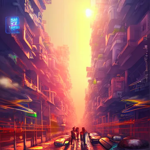 Image similar to mumbai in the future, city streets, golden hour, distopian fantasy, photorealistic artwork trending on pixiv