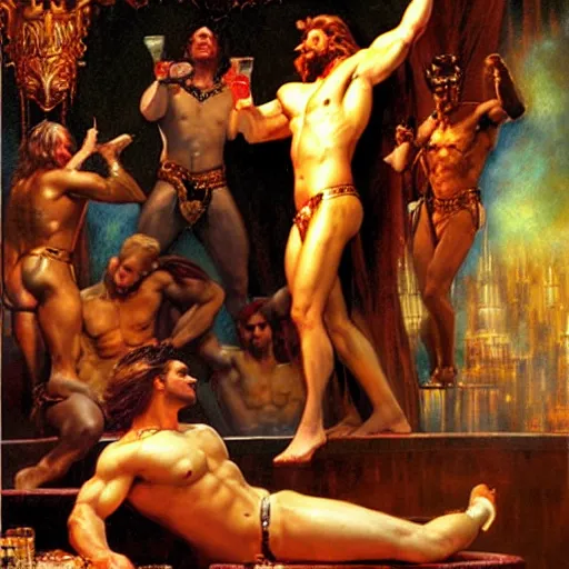 Image similar to muscular zeus wears leather and drinks martinis at a celestial dance club and falls in love with the handsome god jupiter, painting by gaston bussiere, craig mullins, j. c. leyendecker, tom of finland