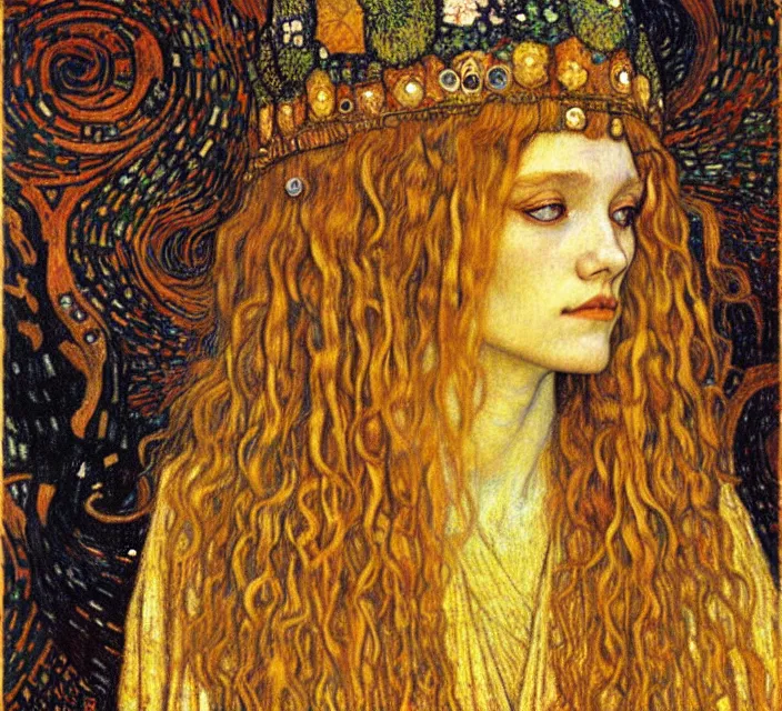 Image similar to detailed realistic beautiful young medieval queen face portrait by jean delville, gustav klimt and vincent van gogh, art nouveau, symbolist, visionary, gothic, pre - raphaelite, muted earthy colors, desaturated