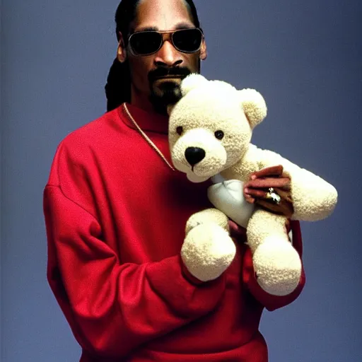 Prompt: Snoop Dogg holding a teddy bear for a 1990s sitcom tv show, Studio Photograph, portrait, C 12.0