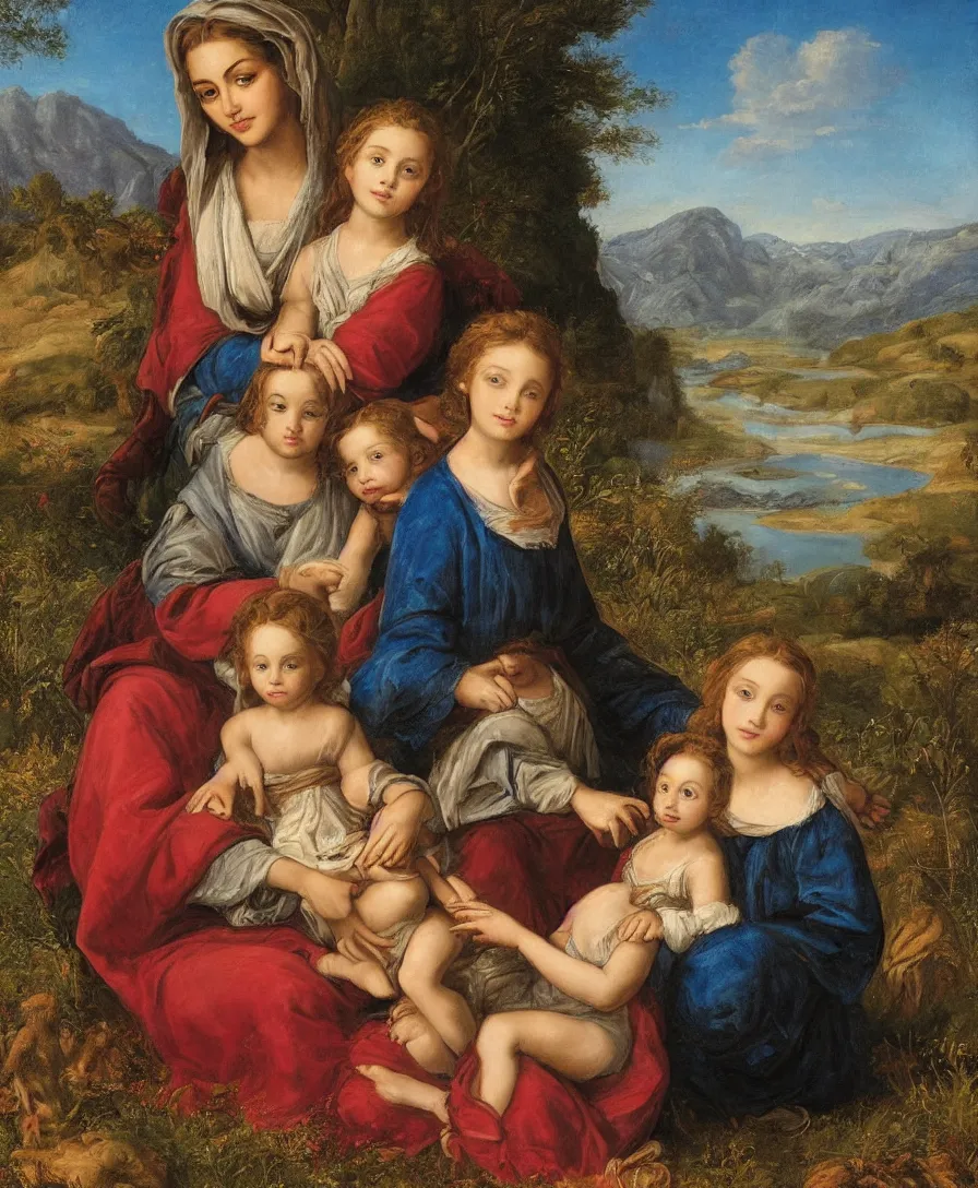 Prompt: Detailed Portrait of beautiful Madonna with two children playing in the style of Raffael. They are sitting in a dried out meadow. In the background, there is a lake with a town and mountains. Close up.