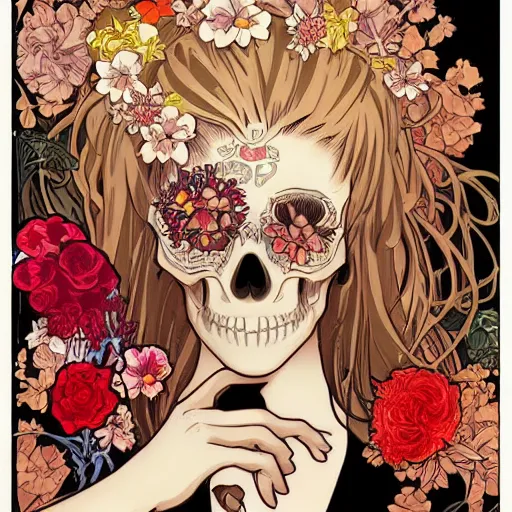 Image similar to anime manga skull portrait woman hair floral comic skeleton illustration style by Alphonse Mucha and James Jean and Sainer Etam pop art nouveau