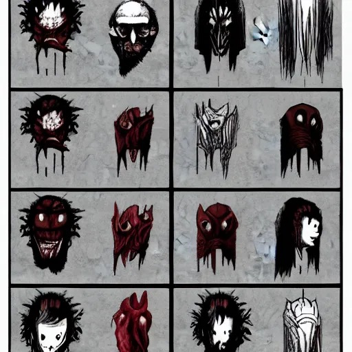 Image similar to various character sheets with character designs for a tall character with a vampire squid for a head made from dark wispy smoke made as an enemy in the silent hill video game franchise