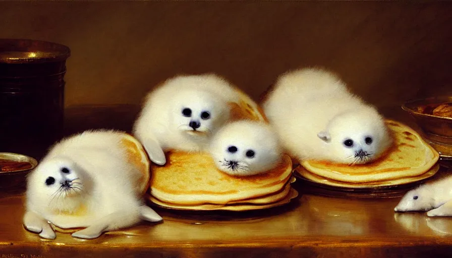 Image similar to highly detailed painting of cute furry white baby seals in a pile of pancakes on a table by william turner, by greg rutkowski, by william constable, thick brush strokes and visible paint layers, 4 k resolution